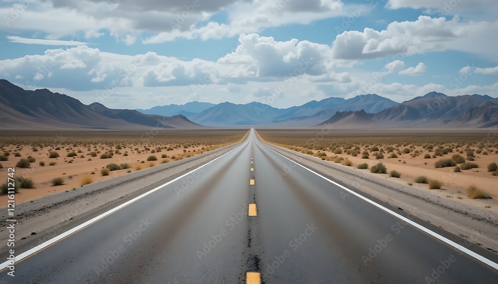 Endless asphalt road vanishing into the horizon of a vast desert landscape with majestic mountains under a cloudy sky Endless asphalt road vanishing into the horizon of a vast desert landscape with majestic mountains under a cloudy sky