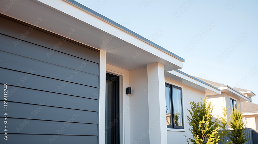 Fototapeta premium Modern House Exterior: Sleek Design, Contemporary Architecture. Discover the beauty of this new home's architecture, showcasing clean lines and a sophisticated color palette.