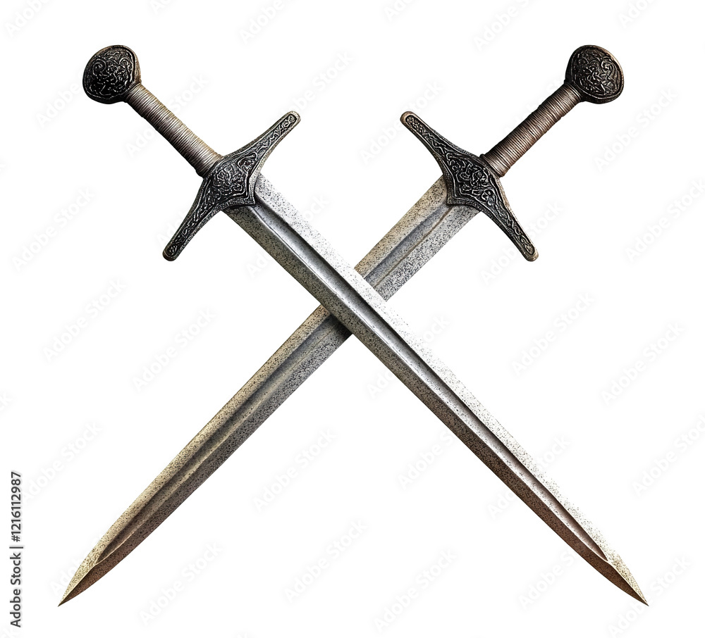 Two crossed medieval swords, isolated on transparent cutout background Two crossed medieval swords, isolated on transparent cutout background