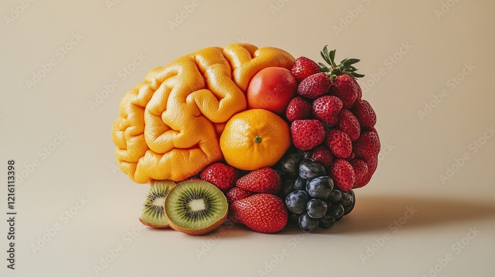 Brain-shaped arrangement of colorful fruits and vegetables on beige background. Brain-shaped arrangement of colorful fruits and vegetables on beige background.