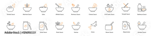 Sauce Vector Icon Set: Tomato, Sweet and Sour, Marinara, Hoisin, Tartar, Alfredo, Romesco, Pesto, Harissa, Cheese, Gravy, Chili Garlic, Teriyaki, Barbecue, Brown, Mayonnaise, and Mustard