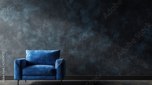 Concrete interior room featuring a blue armchair against a dark wall, 3D render