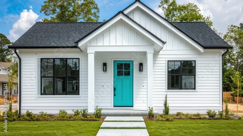 Modern new construction cottage with white siding and a vibrant turquoise door for sale in a suburban setting