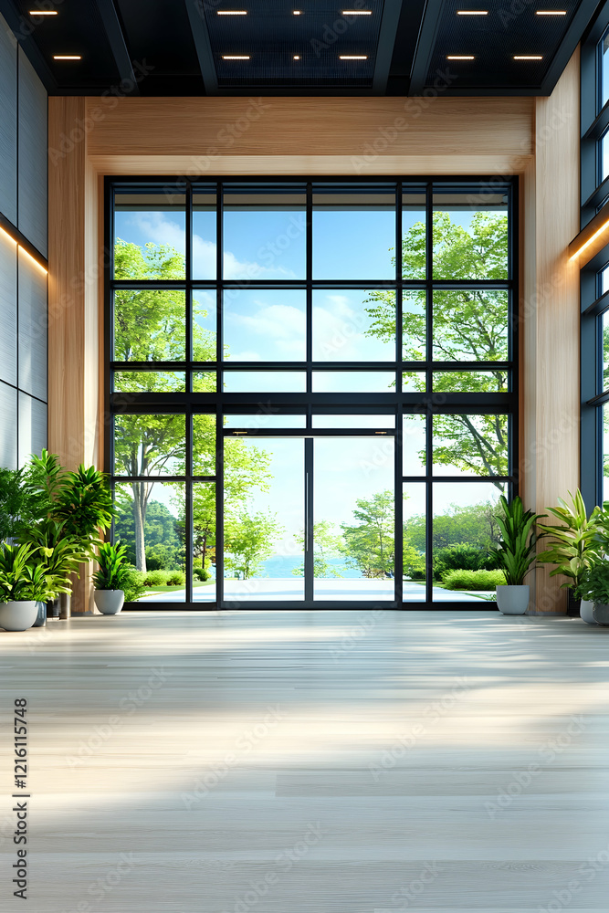 Modern lobby with large windows showcasing ocean view, sunlight streaming in, plants adding natural touch. Use Interior design, real estate Modern lobby with large windows showcasing ocean view, sunlight streaming in, plants adding natural touch. Use Interior design, real estate