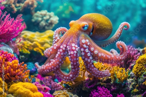 Fototapeta Naklejka Na Ścianę i Meble -  Vibrant octopus and coral reef in the deep sea with bright colorful scene