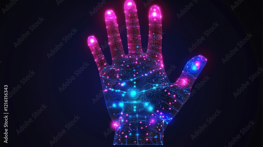 Biometric hand scanner interface glowing with futuristic patterns and holographic details. Biometric hand scanner interface glowing with futuristic patterns and holographic details.