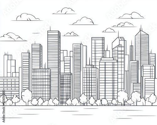 Continuous line drawing a modern city skyline with urban buildings in the background
