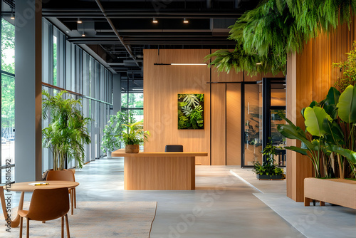 Modern office lobby with plants, reception desk, and natural light