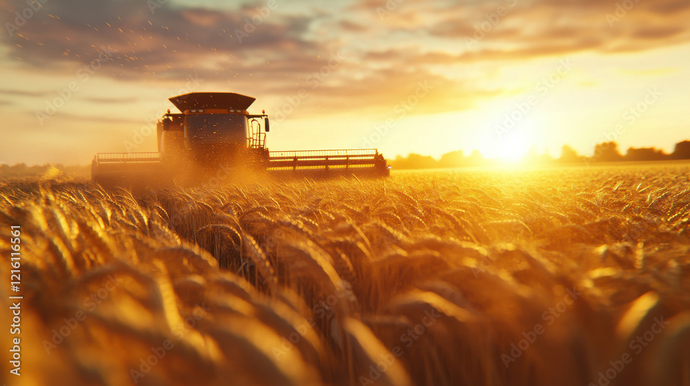 Fototapeta premium Golden wheat field under a glowing sunset with a harvesting combine creating a serene and rural farming scene