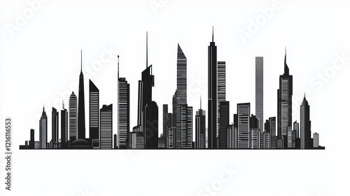 Monochrome vector city skyline showing a collection tall, urban structures