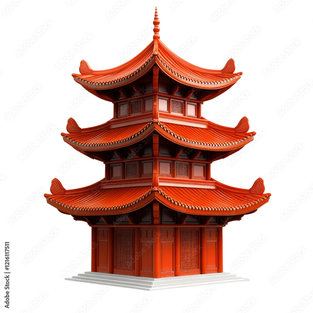 Fototapeta premium Three-Story Traditional Chinese Pagoda, Red Wooden Architecture, Asian Temple, Isolated on Black