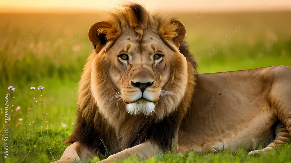 a majestic lion sitting gracefully in a green grass field a majestic lion sitting gracefully in a green grass field
