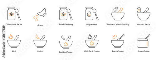 Sauce Vector Icon Set: Chimichurri, Gravy, Ranch Dressing, Mayonnaise, Thousand Island, Mustard, Aioli, Harissa, Peri Peri, Chili Garlic, Ponzu, and Brown