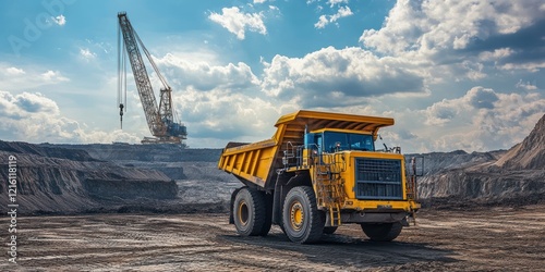A large yellow dump truck and a construction crane at a mining site under a cloudy sky