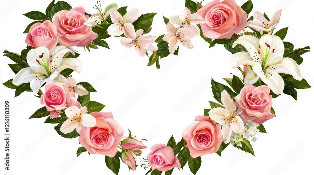 a heart-shaped flower crown made from pink roses and white lilies, isolated on transparent background. a heart-shaped flower crown made from pink roses and white lilies, isolated on transparent background.