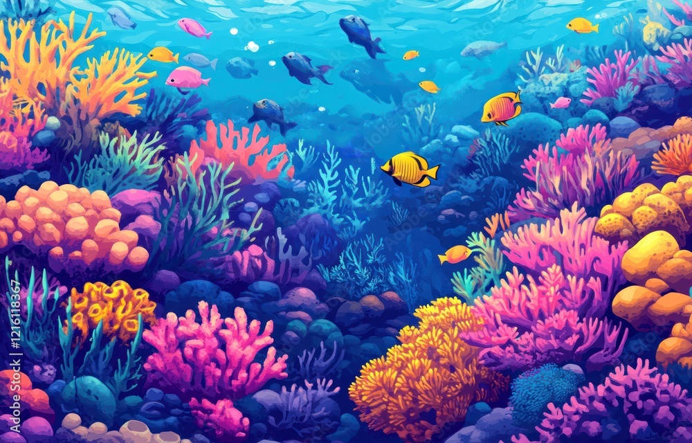 Fototapeta premium Vibrant underwater scene with colorful coral and fishes, painted in a whimsical style