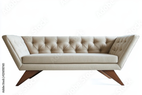 Mid-century modern sofa, beige fabric, studio shot, white background, interior design photo