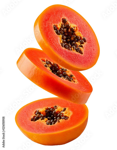Falling ripe papaya slice isolated on white background clipping path