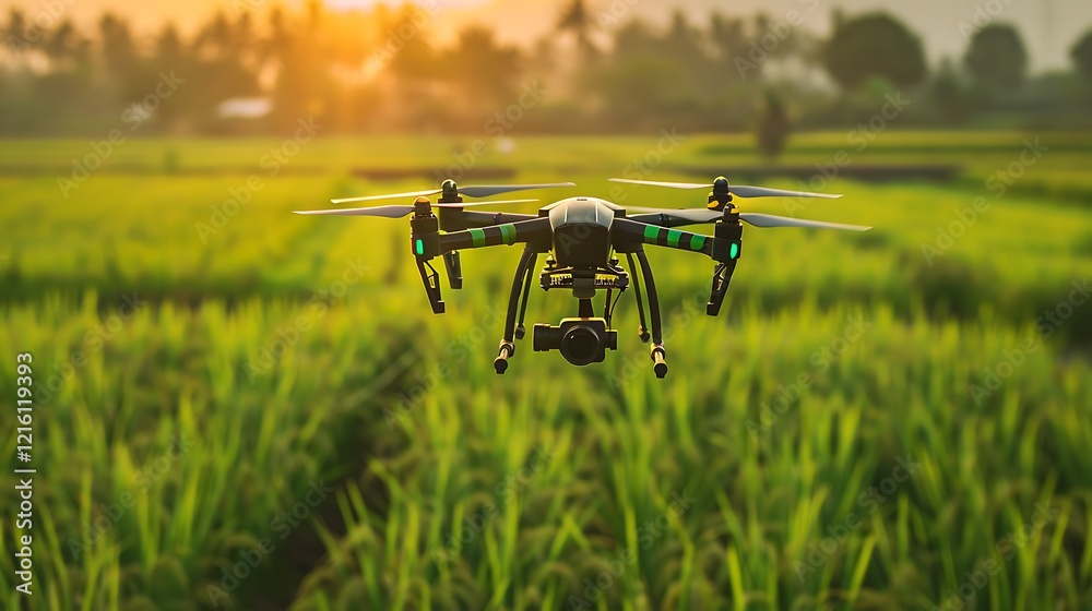 Modern Drone flying over the rice fields Modern Drone flying over the rice fields