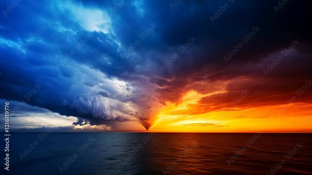 Stunning sunset over calm ocean waters with dramatic clouds at twilight Stunning sunset over calm ocean waters with dramatic clouds at twilight