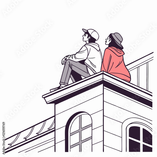 Illustrations of a couple sitting on a rooftop