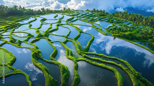 Wallpaper Mural Vibrant green rice terraces reflecting clear blue skies in a serene rural landscape ideal for travel and nature lovers Torontodigital.ca