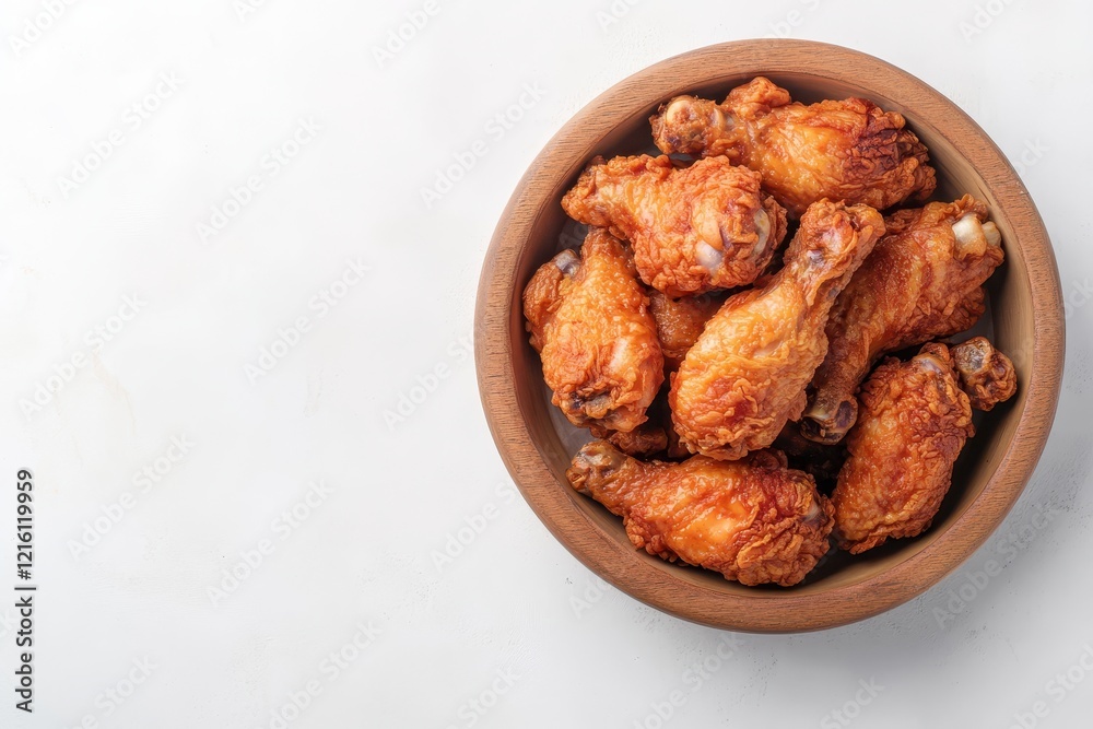 Crispy fried chicken drumsticks in bowl, white background, food photography, menu Crispy fried chicken drumsticks in bowl, white background, food photography, menu