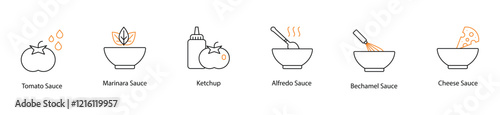 Icon Set: Tomato, Marinara, Ketchup, Alfredo, Bechamel, and Cheese Sauces