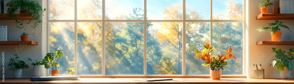 Naklejka premium Sunny autumn window view, plants on shelves, peaceful home workspace