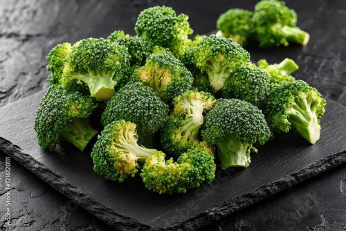 Fresh broccoli florets on dark slate, kitchen backdrop, healthy food
