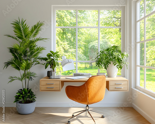 Sunny home office with plants  desk  chair  and large window overlooking green garden  ideal for work-from-home blogs