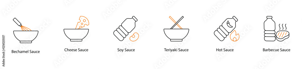 Icon Set: Tomato, Cheese, Soy, Teriyaki, Hot, and Barbecue Sauces Icon Set: Tomato, Cheese, Soy, Teriyaki, Hot, and Barbecue Sauces