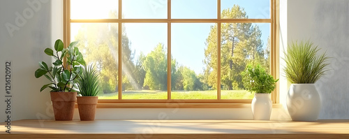 Sunny windowsill  potted plants  green park view  home decor  peaceful scene