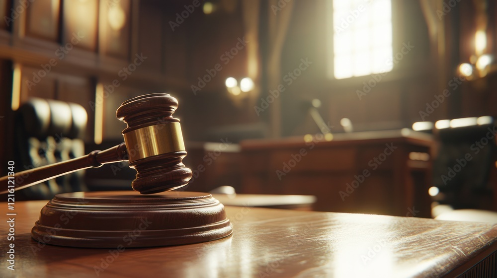 Gavel on courtroom table, sunlight, justice Gavel on courtroom table, sunlight, justice