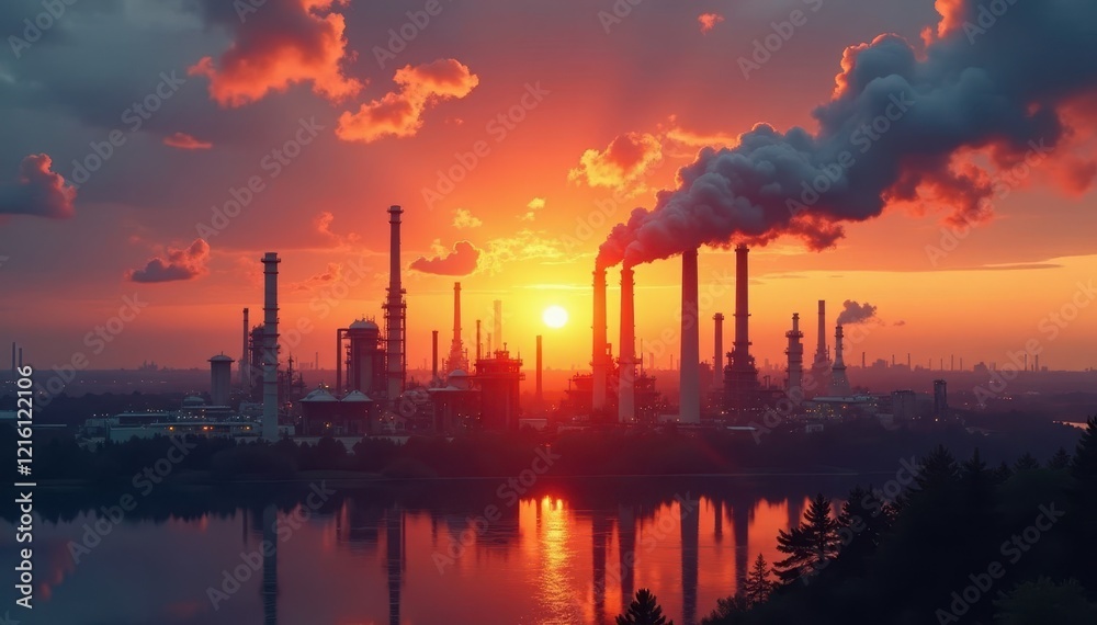 Sunrise paints refinery towers gold, steam rises , fuel, storage Sunrise paints refinery towers gold, steam rises , fuel, storage