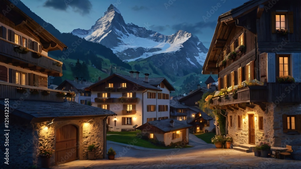 Charming Alpine Village at Dusk Mountain Scenery Cozy Houses Charming Alpine Village at Dusk Mountain Scenery Cozy Houses