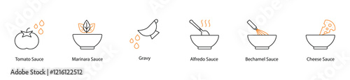 Icon Set: Tomato, Marinara, Gravy, Alfredo, Bechamel, and Cheese Sauces