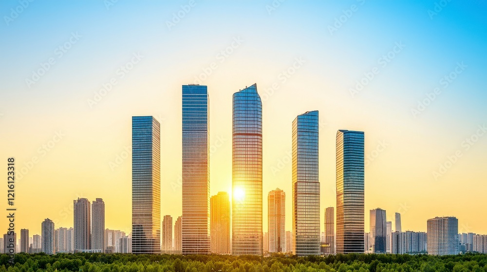Fototapeta premium City skyline featuring tall buildings modern architecture and green trees under a clear blue sky