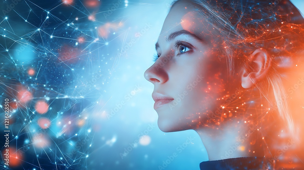 Woman's Profile with Abstract Network Pattern Overlaid Woman's Profile with Abstract Network Pattern Overlaid