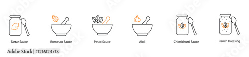 Icon Set: Tartar, Romesco, Pesto, Aioli, Chimichurri, and Ranch Sauces