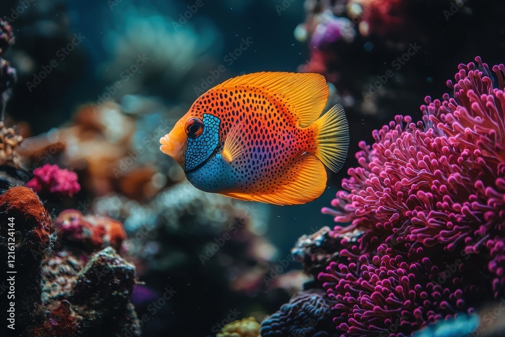 Obraz premium Vibrant tropical fish swimming amidst colorful coral reef.