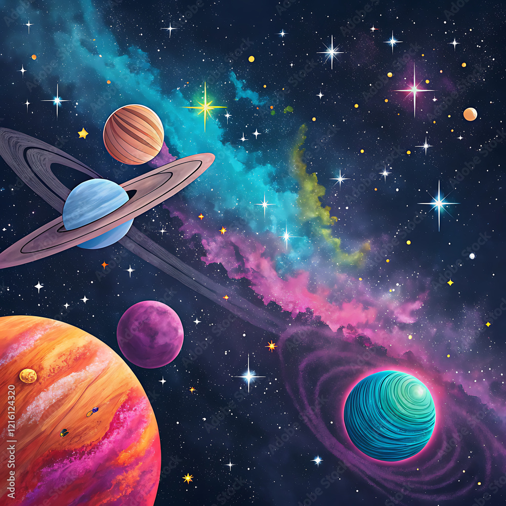 Naklejka premium a space scene with planets and stars in the background. The background is a deep blue color with a galaxy-like texture. The planets are of different sizes and colors, including orange, pink, purple, a