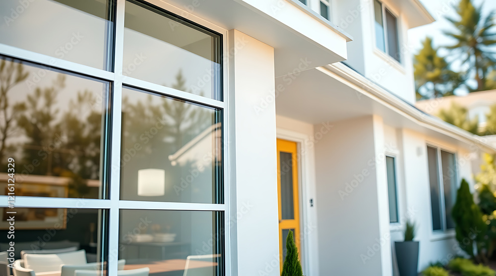 Fototapeta premium Modern House Exterior: White Facade, Large Windows, and Yellow Door. Contemporary Home Design, Real Estate Photography
