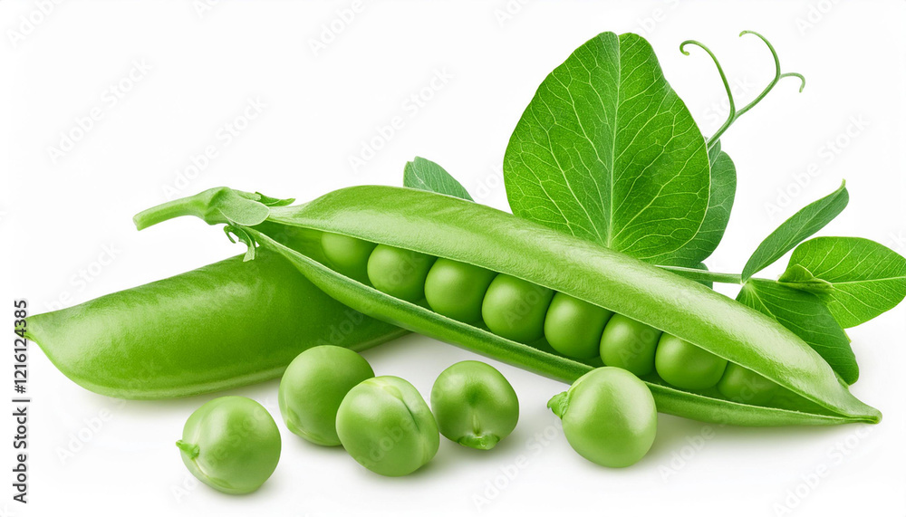 fresh pea in the pod with green leaves isolated on white background fresh pea in the pod with green leaves isolated on white background