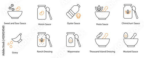 Icon Set: Sweet and Sour, Hoisin, Oyster, Pesto, Chimichurri, Gravy, Ranch, Mayonnaise, Thousand Island, and Mustard Sauces