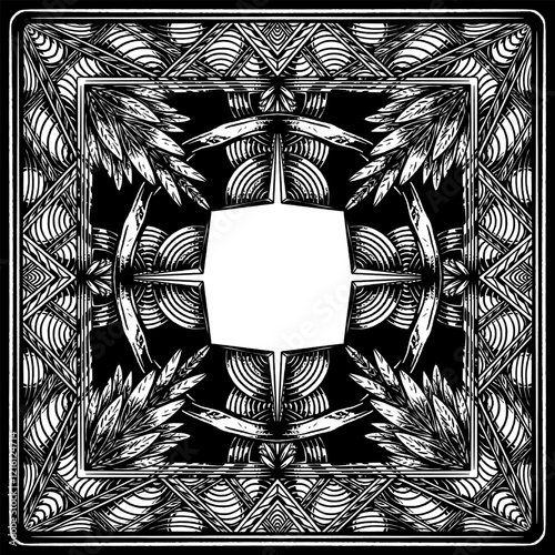 Detailed black and white symmetrical pattern, ideal for bandanas, art prints, t-shirt designs, or as an additional graphic element in creative projects.
