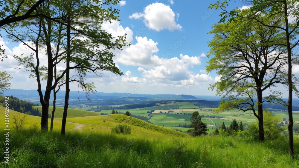 Panoramic View of Rolling Green Hills and Lush Trees under a Blue Sky Panoramic View of Rolling Green Hills and Lush Trees under a Blue Sky