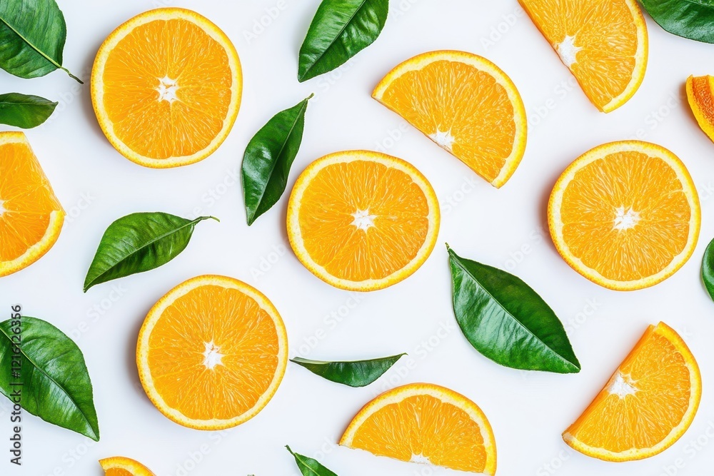 Flatlay juicy orange slices & leaves on white Flatlay juicy orange slices & leaves on white