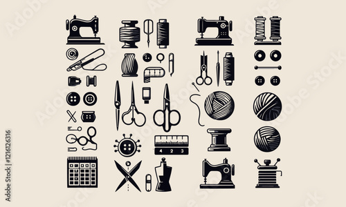 Vector illustration featuring sewing and crafting icons, SEWING Related Hand Drawn Icons Set, Doodle Style Vector Illustration, easily editable.