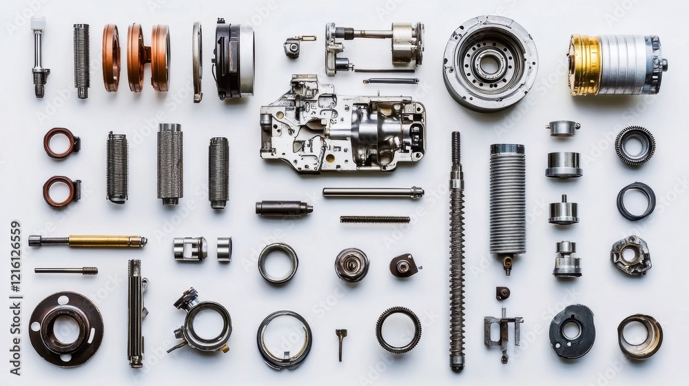 Disassembled gear systems and engine components displayed methodically. Disassembled gear systems and engine components displayed methodically.